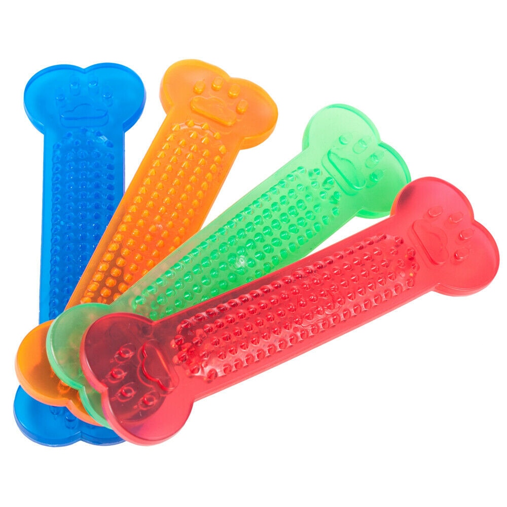 Rubber bone chew toy in use — helps clean dog teeth while chewing